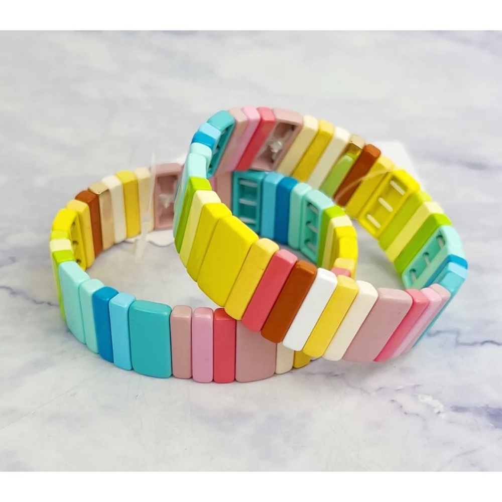 Multi-colored enamel tile stretch bracelet, NEW